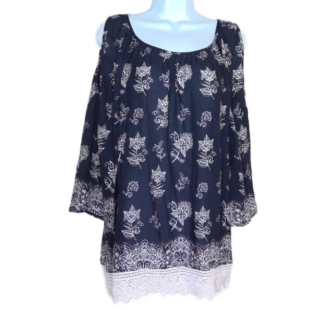 CB Established 1962 Floral Top Boho Lace Flowy Cold Shoulder 3/4 Bell Sleeve  L